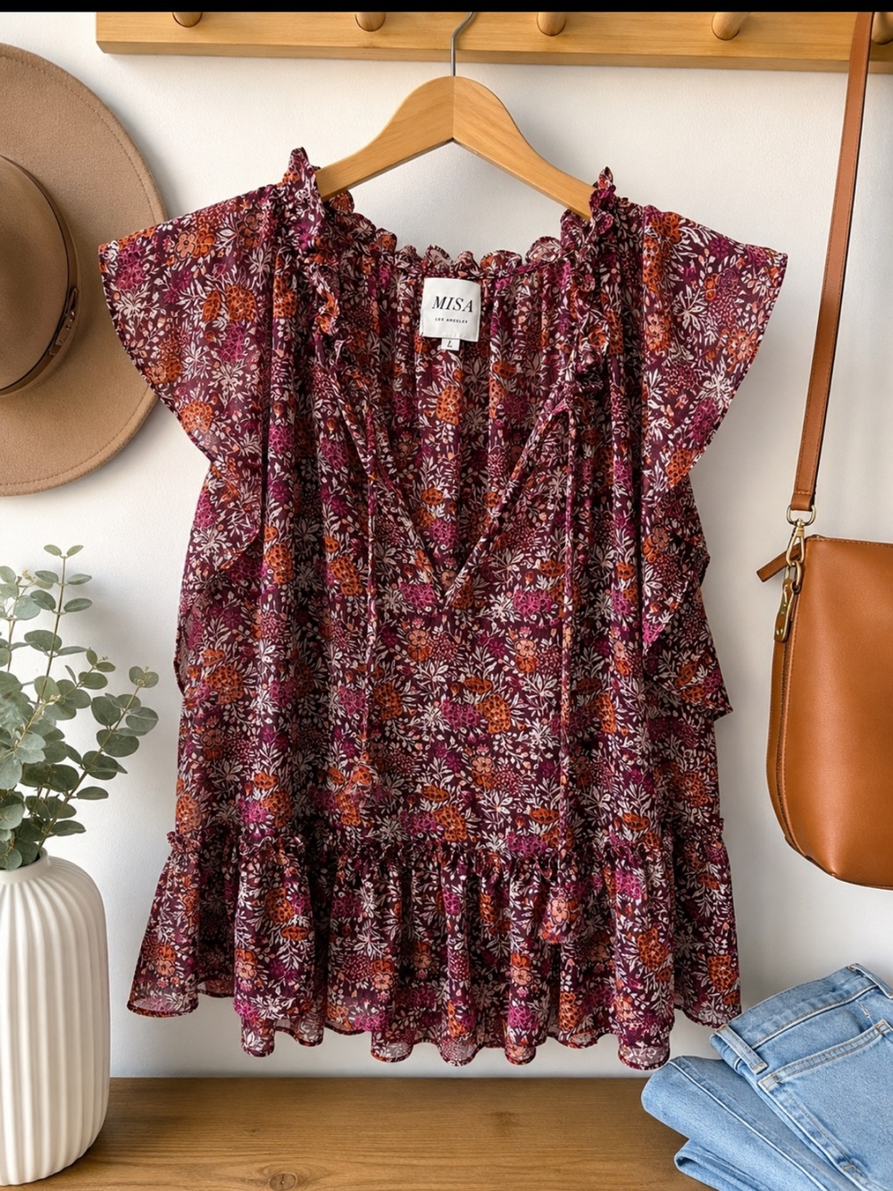 MISA Los Angeles Floral Ruffle Tie Neck Blouse Top Purple Size Large